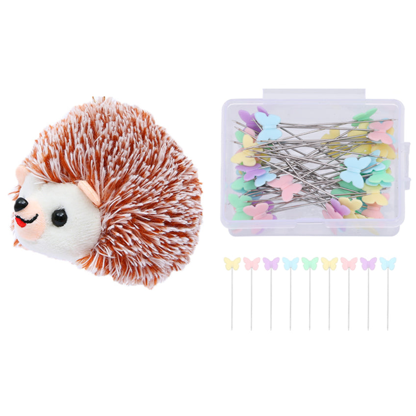 Hedgehog Pincushion Sewing Kit with 100 Colored Butterfly Pins in Transparent Storage Container