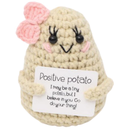 White Potato With Side Bow Handmade Crochet Doll - Lovely Gift with Different Cards for Emotional Support & Positivity