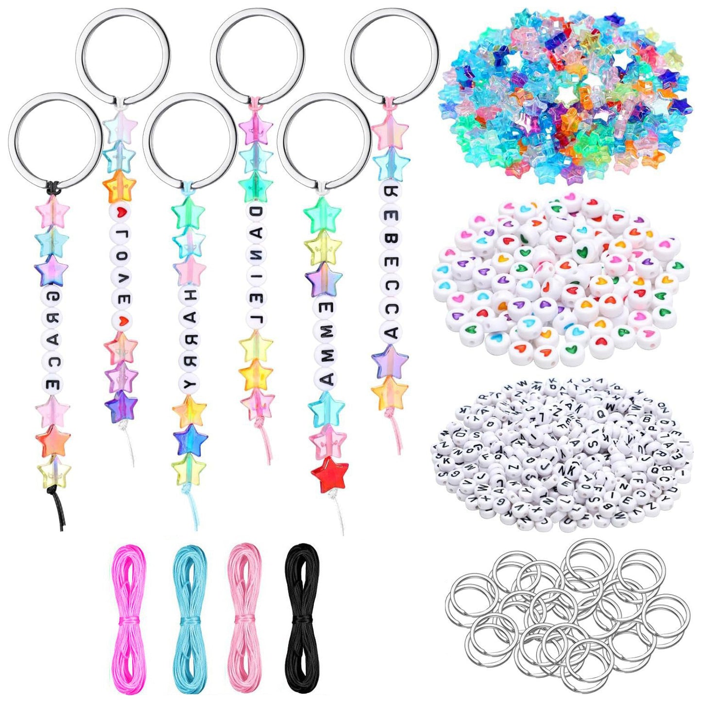 DIY Bead Keychain Kit with Alphabet Letter Beads Adjustable Strings and Jewelry Accessories, Pack of 564
