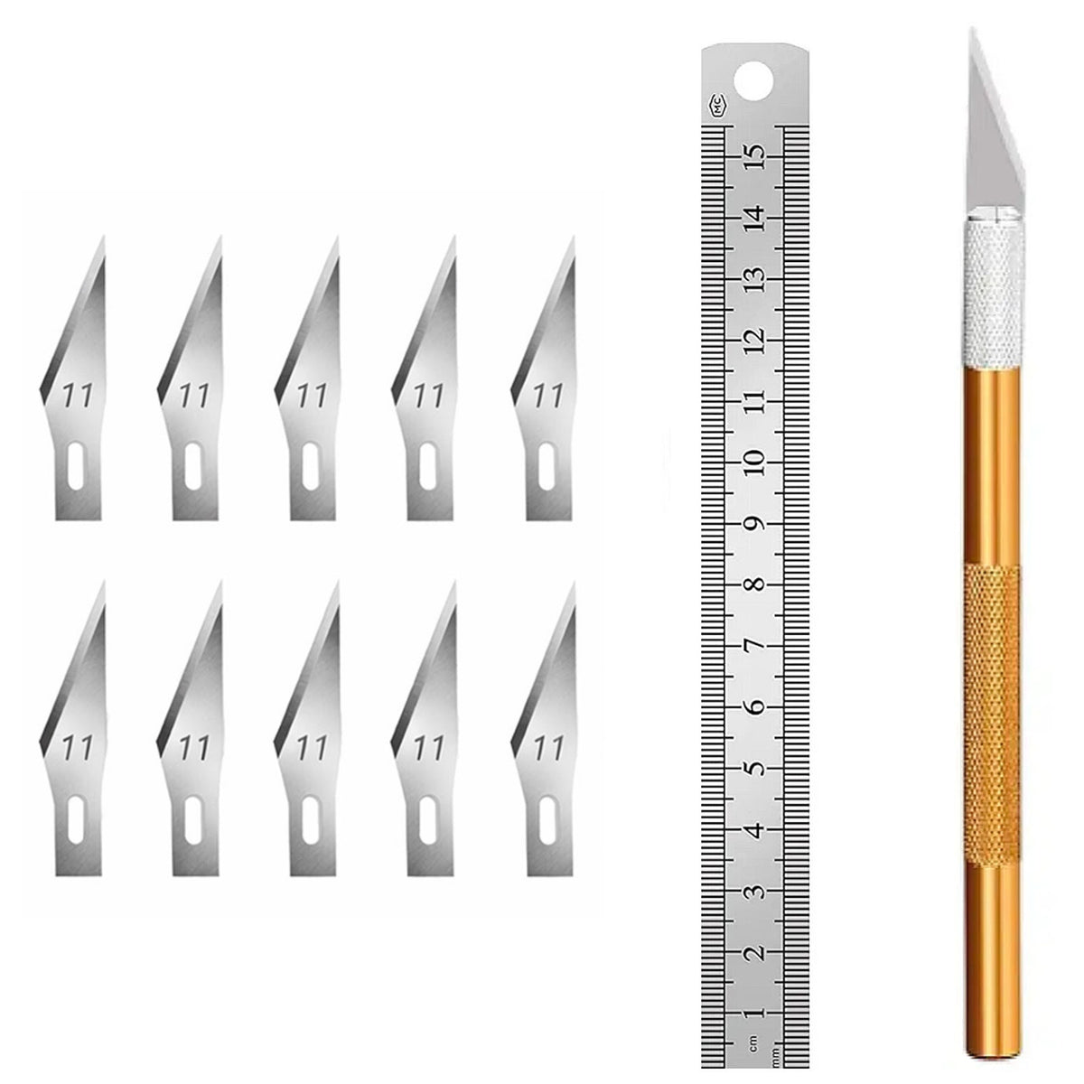 Precision Craft Knife Set with 10 #11 Blades and 15cm Steel Ruler for Modeling Vinyl Stencil DIY Crafts
