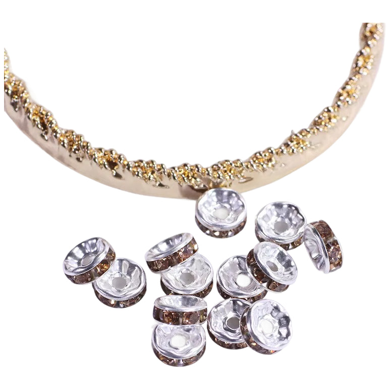 Silver Plated Rhinestone Rondelle Spacer Beads 6mm 8mm for Jewelry Making Bracelets, Pack of 50