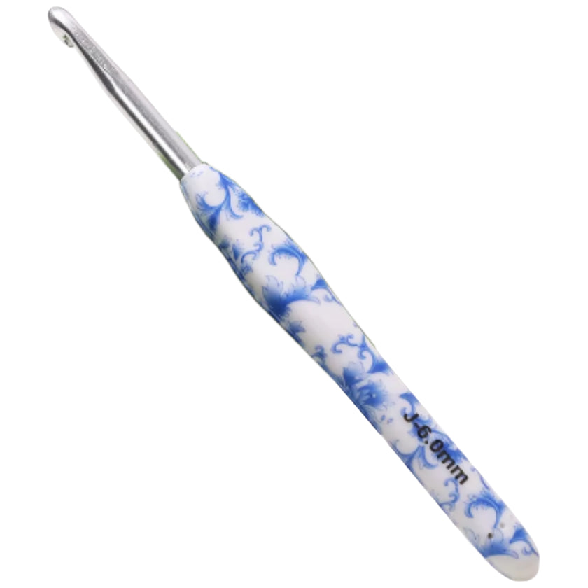 Ergonomic Crochet Hook with Blue White Porcelain Handle for Knitting & Crocheting