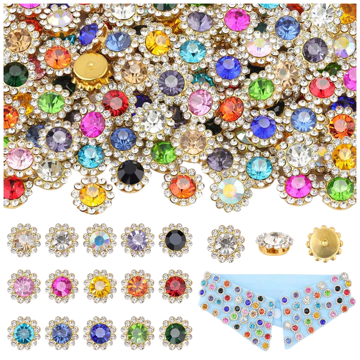12mm Crystal Flower Sew On Rhinestones with Metal Base for Clothes and Crafts, Pack of 150
