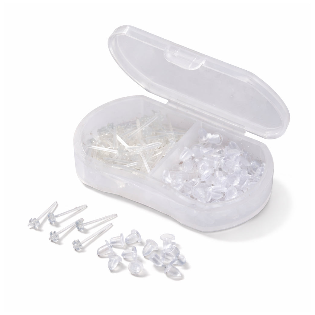 Clear Plastic Stud Earrings with Silicone Backs Transparent Posts and Storage Box for Sports Work and DIY Jewelry Making Set