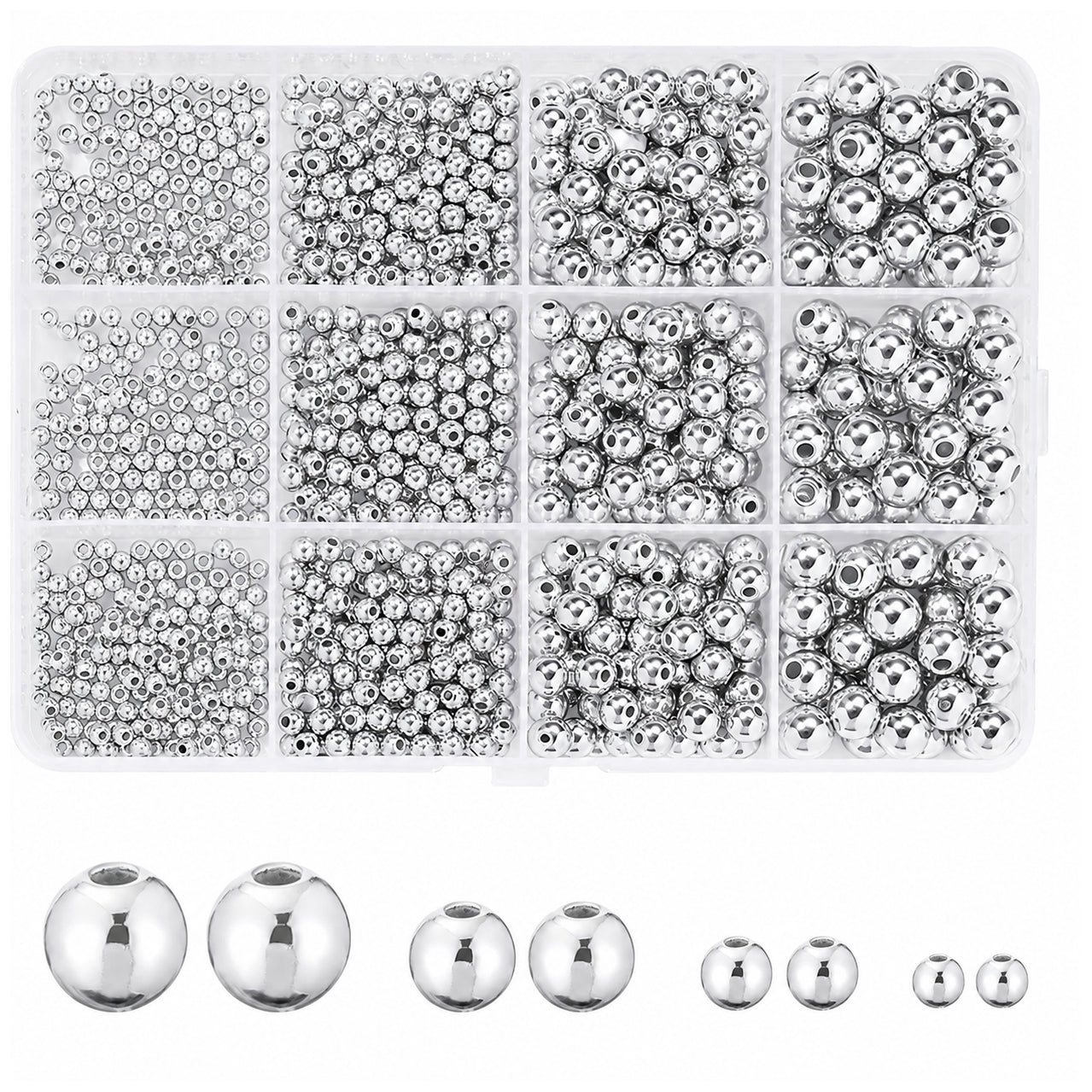 1100 Pcs Smooth Round Spacer Beads 3/4/6/8mm Loose Ball Bead Kit for Bracelet Jewelry Making Supplies