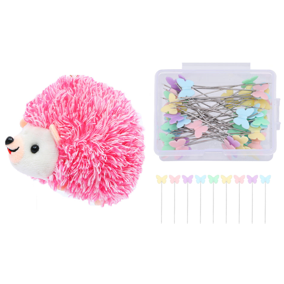 Hedgehog Pincushion Sewing Kit with 100 Colored Butterfly Pins in Transparent Storage Container
