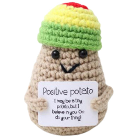 White Potato With Green Yellow Hat Handmade Crochet Doll - Lovely Gift with Different Cards for Emotional Support & Positivity