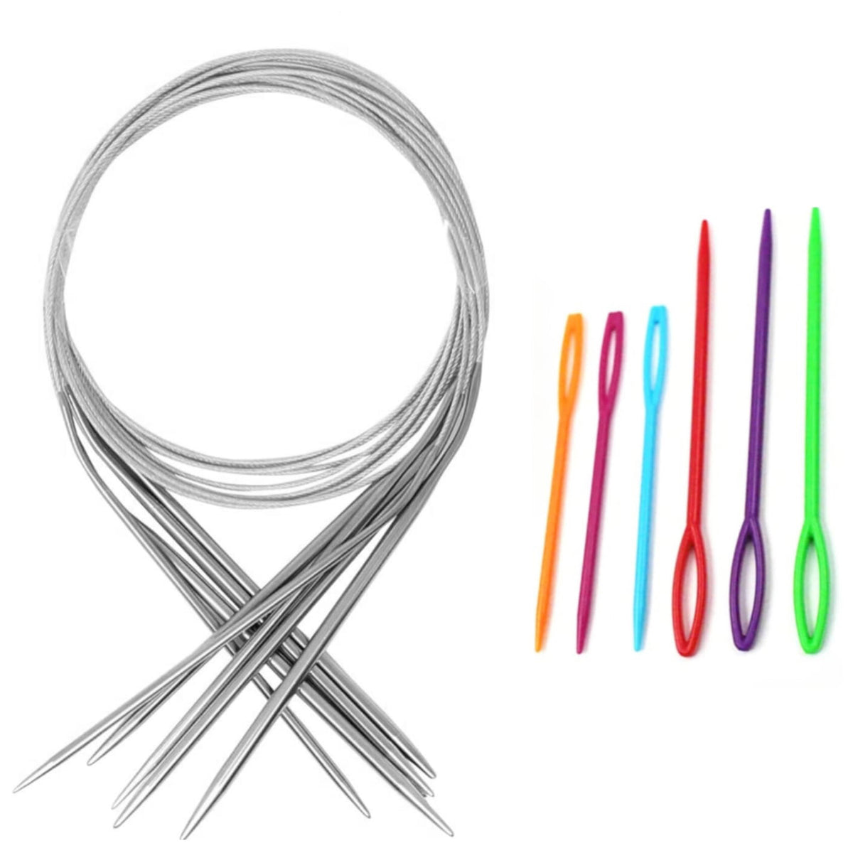 Stainless Steel Circular Knitting Needles Sizes 3.25 to 5 mm with 6 Plastic Needles, Set of 5