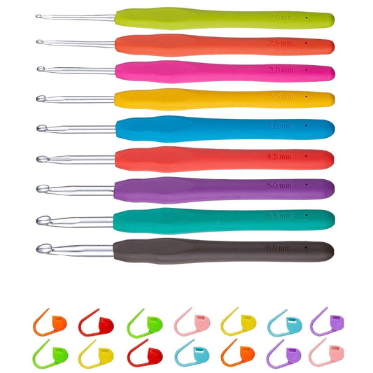 Ergonomic Crochet Hooks Set with Soft Handles, Long Needles, and Stitch Markers for Arthritic Hands
