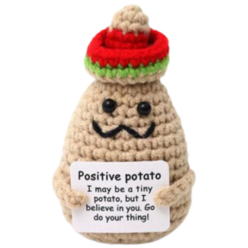 Potato With Red Green Hat Handmade Crochet Doll - Lovely Gift with Different Cards for Emotional Support & Positivity