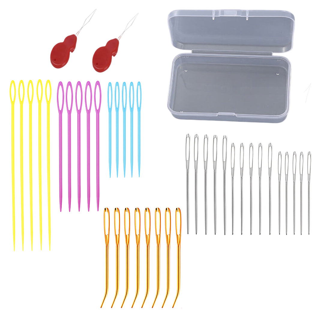 Plastic Large Eye Yarn and Tapestry Needles with Bent Tips, Threader, and Storage Box for Crochet