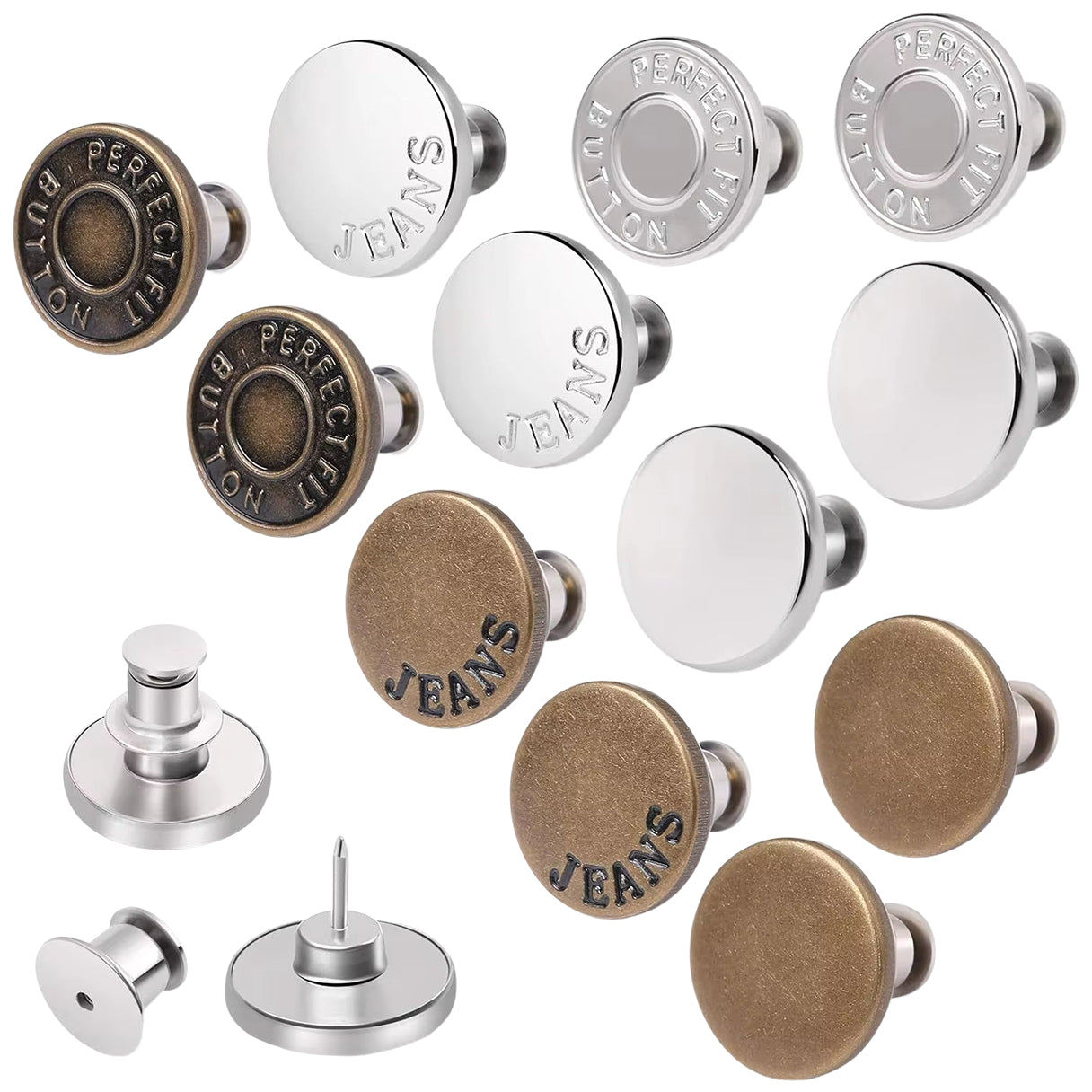 No-Sew Adjustable Metal Jean Buttons for Pants Replacement and Waist Tightening, Pack of 12 Sets