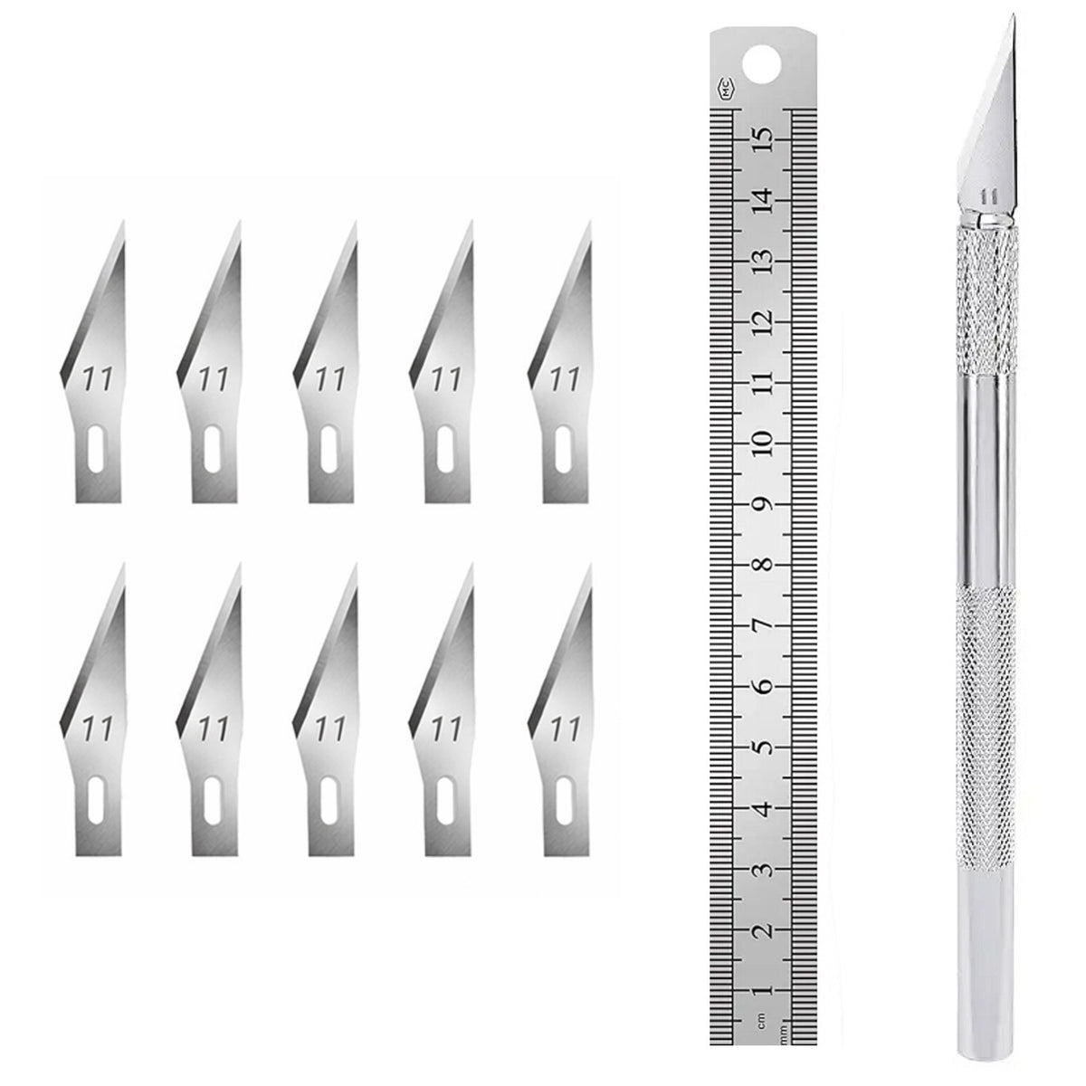 Precision Craft Knife Set with 10 #11 Blades and 15cm Steel Ruler for Modeling Vinyl Stencil DIY Crafts