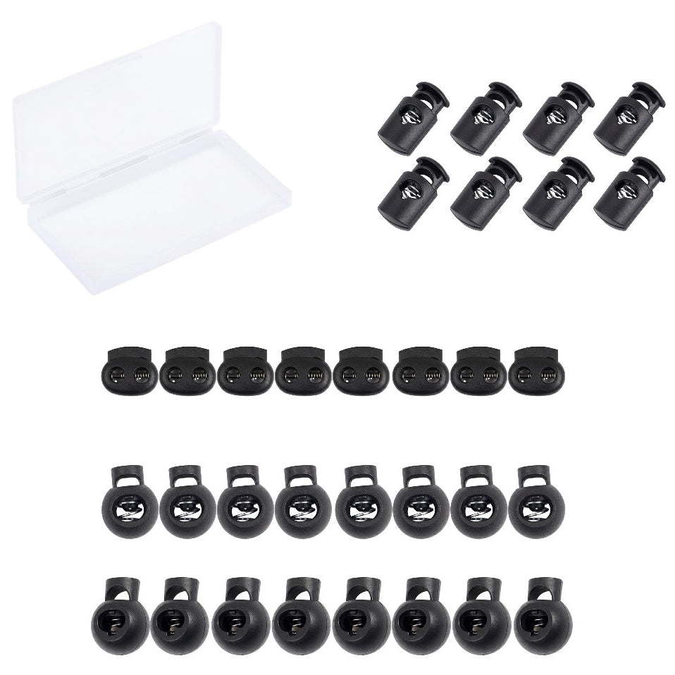 Black Plastic Cord Locks with Spring Toggle Stopper Four Sizes Elastic Adjusters for Drawstrings Shoelaces and Bags