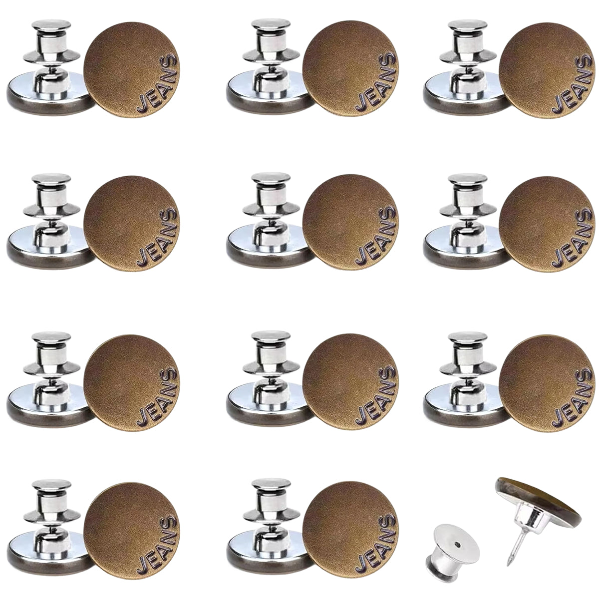 No-Sew Adjustable Metal Jean Buttons for Pants Replacement and Waist Tightening, Pack of 12 Sets