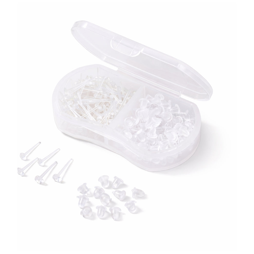 Clear Plastic Stud Earrings with Silicone Backs Transparent Posts and Storage Box for Sports Work and DIY Jewelry Making Set