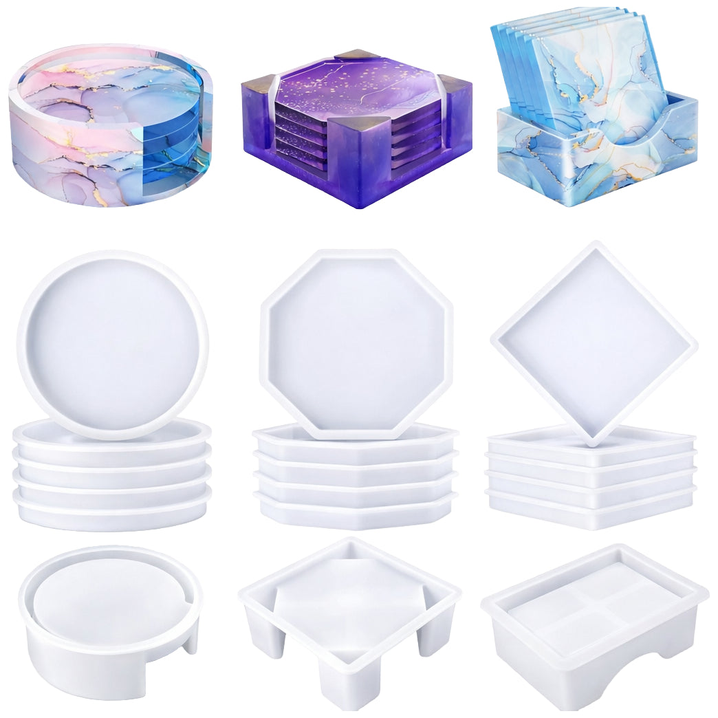 Silicone Coaster Resin Molds with Holder Set for Epoxy DIY Craft Cup Mats in Various Shapes