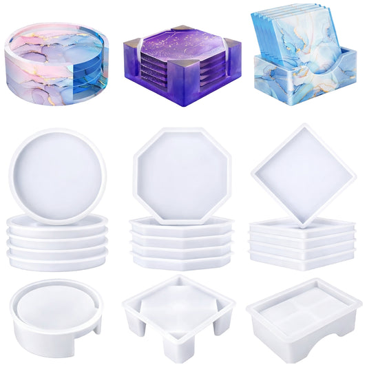 Silicone Coaster Resin Molds with Holder Set for Epoxy DIY Craft Cup Mats in Various Shapes