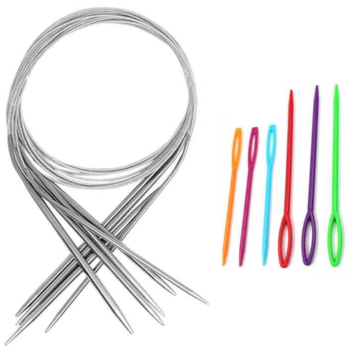 Stainless Steel Circular Knitting Needles Sizes 3.25 to 5 mm with 6 Plastic Needles, Set of 5