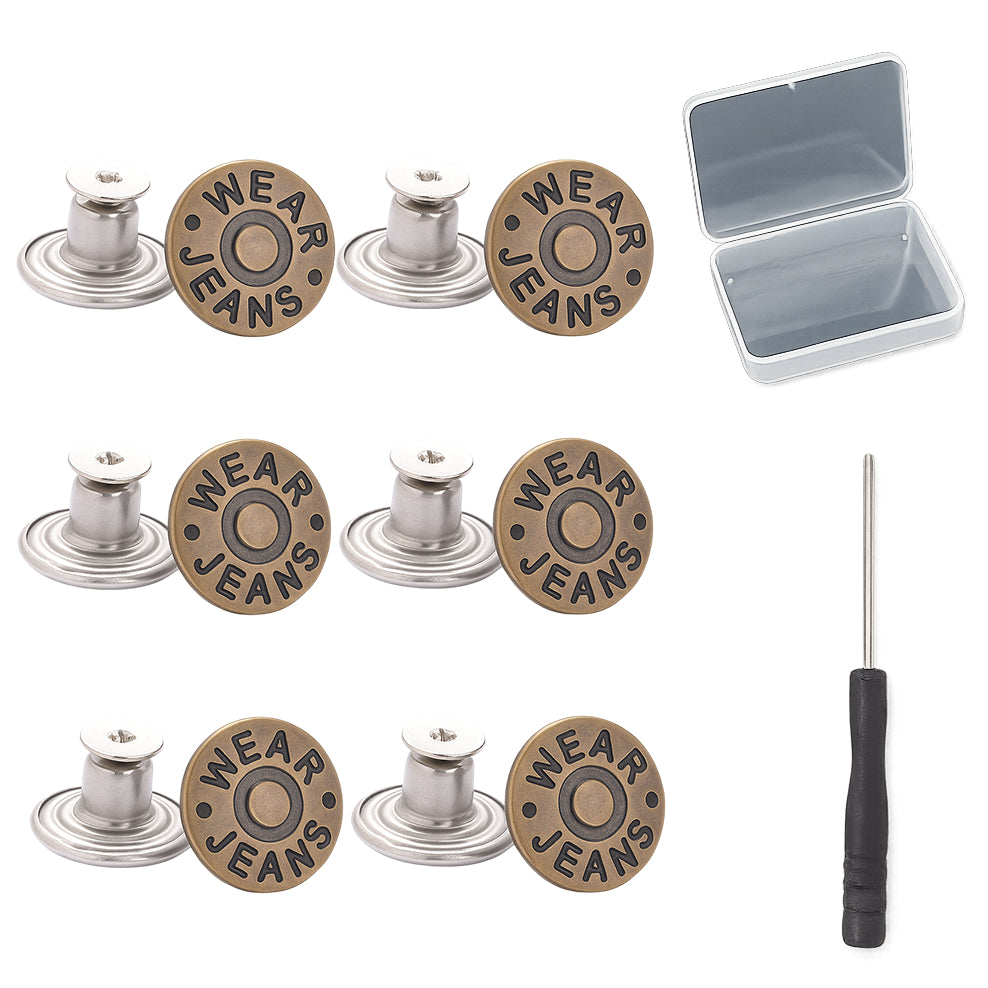12 Pcs 17mm No-Sew Metal Jeans Buttons Set with Rivets, Screwdriver and Plastic Container for Clothing Repair