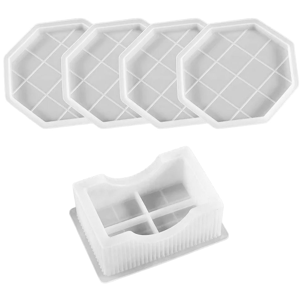 Silicone Coaster Resin Molds with Holder Set for Epoxy DIY Craft Cup Mats in Various Shapes