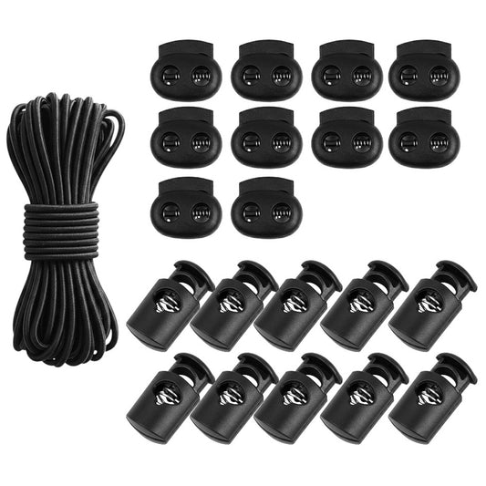 Plastic Cord Locks with 50ft Elastic Cord Single and Double Hole Spring Toggle Stoppers Black, Pack of 20