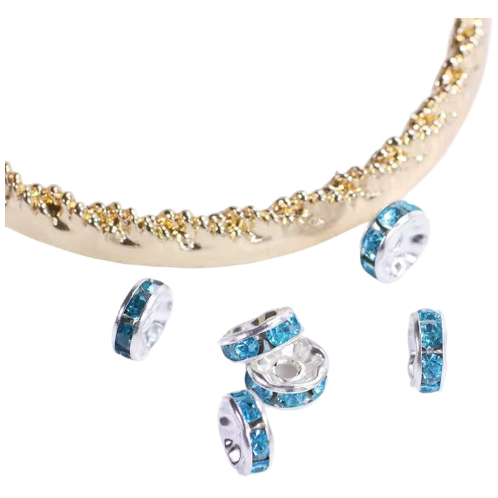 Silver Plated Rhinestone Rondelle Spacer Beads 6mm 8mm for Jewelry Making Bracelets, Pack of 50