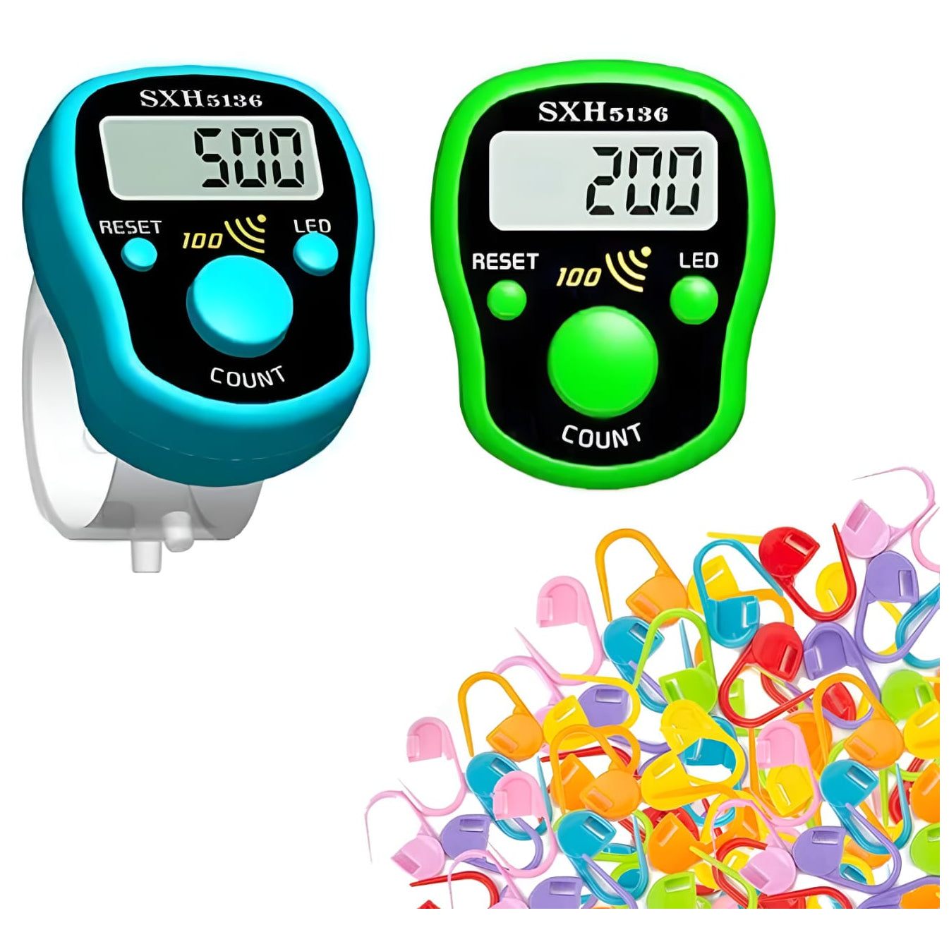 LED Digital Row Counter and 50 Crochet Stitch Markers for Knitting Sewing and Sports Counting, Pack of 2