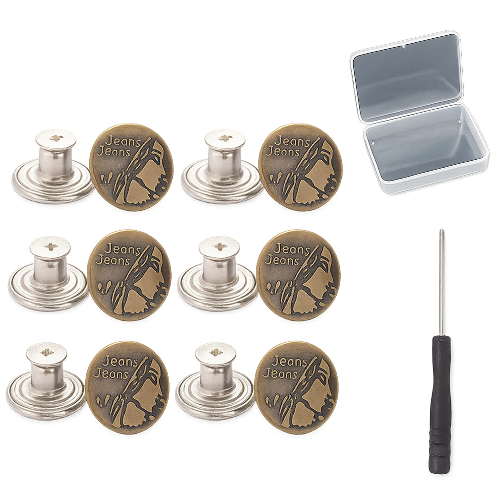 12 Pcs 17mm No-Sew Metal Jeans Buttons Set with Rivets, Screwdriver and Plastic Container for Clothing Repair