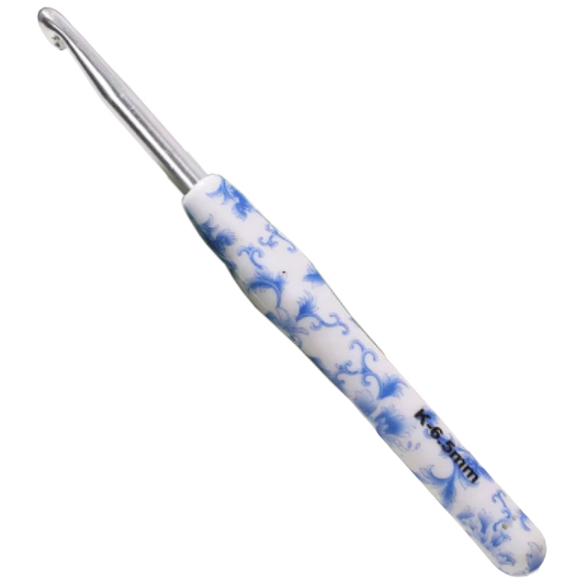Ergonomic Crochet Hook with Blue White Porcelain Handle for Knitting & Crocheting