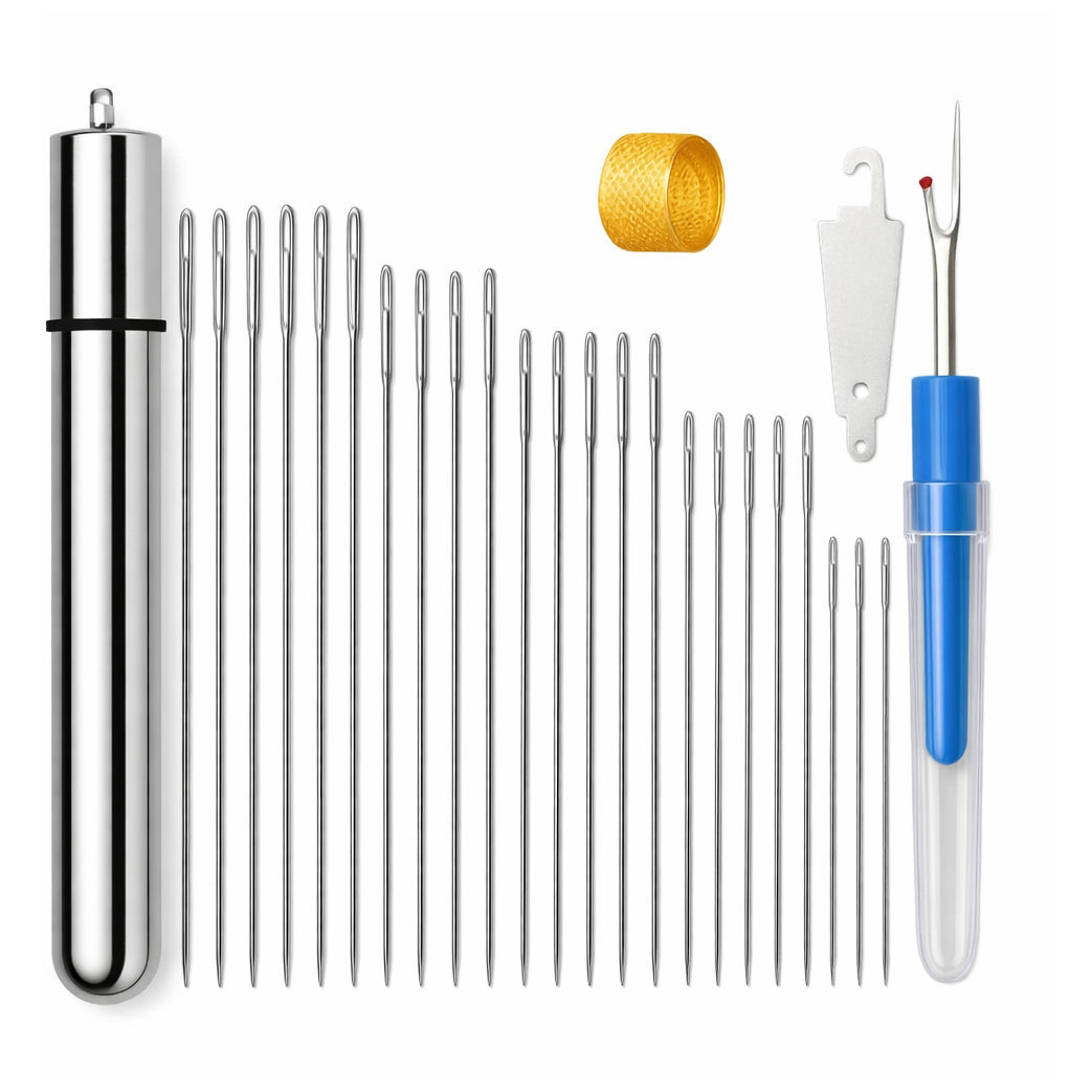 25 Large Eye Embroidery Sewing Needles Set with 5 Sizes Aluminum Storage Tube and Sewing Tools