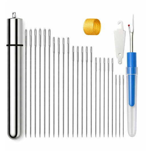 25 Large Eye Embroidery Sewing Needles Set with 5 Sizes Aluminum Storage Tube and Sewing Tools