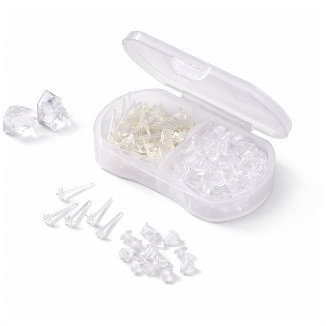 Clear Plastic Stud Earrings with Silicone Backs Transparent Posts and Storage Box for Sports Work and DIY Jewelry Making Set