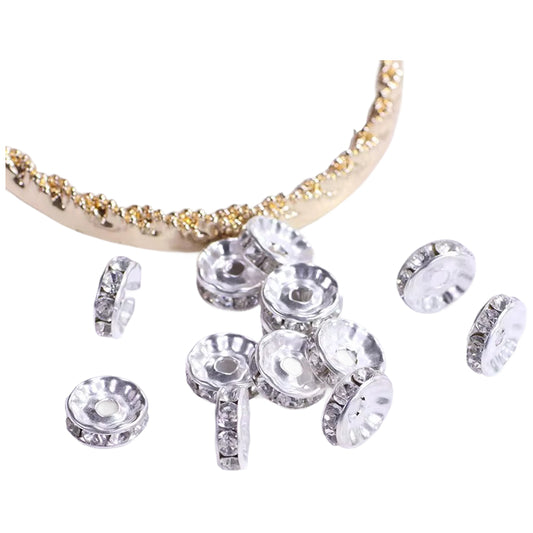 Silver Plated Rhinestone Rondelle Spacer Beads 6mm 8mm for Jewelry Making Bracelets, Pack of 50