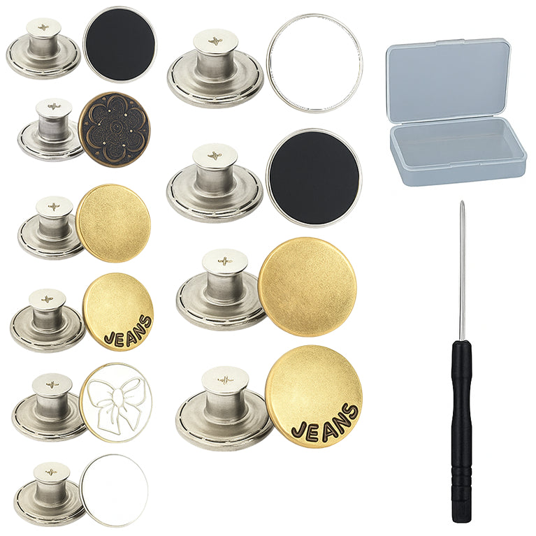 32 Sets No-Sew Metal Jeans Buttons Replacement Kit with Screwdriver and Storage Box for Clothing Repair