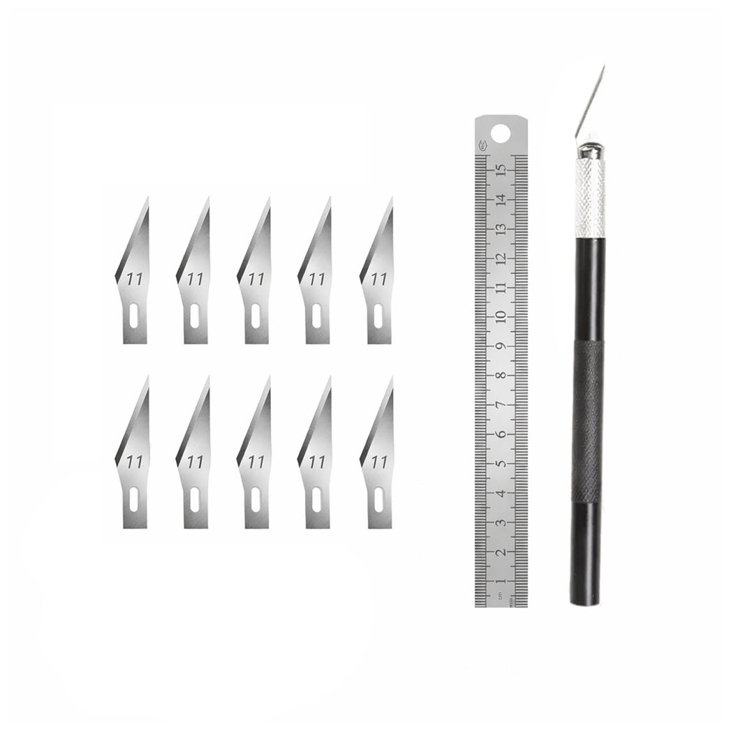 Precision Craft Knife Set with 10 #11 Blades and 15cm Steel Ruler for Modeling Vinyl Stencil DIY Crafts
