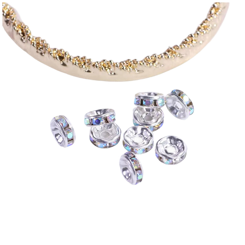 Silver Plated Rhinestone Rondelle Spacer Beads 6mm 8mm for Jewelry Making Bracelets, Pack of 50