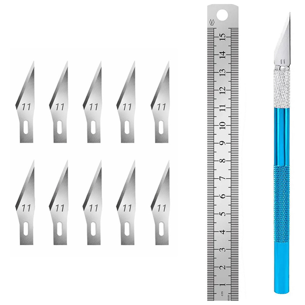 Precision Craft Knife Set with 10 #11 Blades and 15cm Steel Ruler for Modeling Vinyl Stencil DIY Crafts